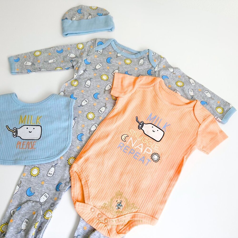 NWT Cute Baby Sleep N' Play Footie Onesie Bib & Hat 4 Piece Matching Set 6-9M - Picture 2 of 2